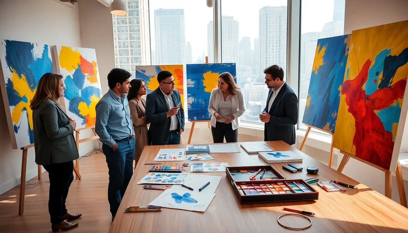 diverse group collaborating in a bright art studio.